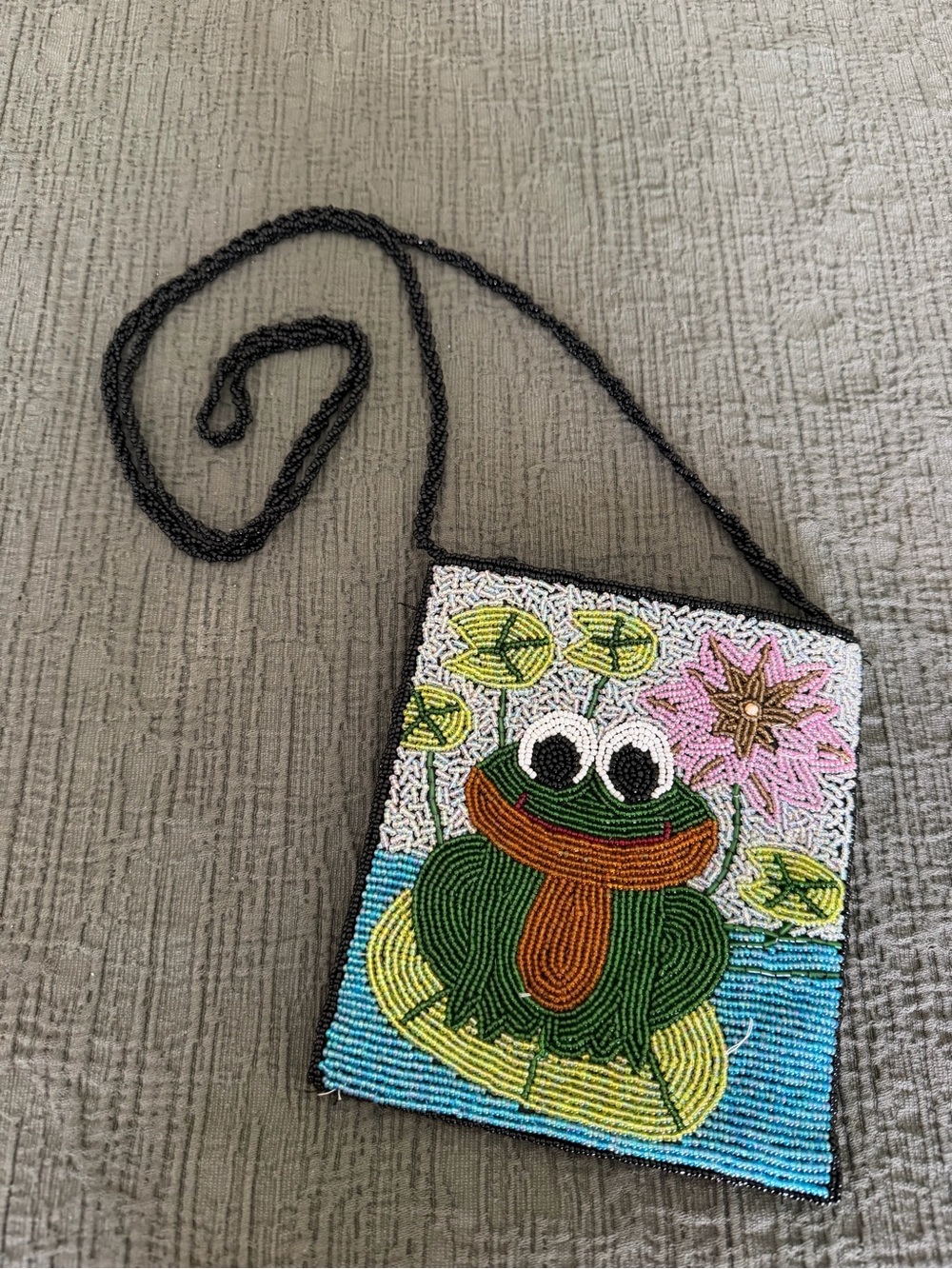 Ermo Whimsical Beaded Frog Crossbody Bag in Green and Blue Cute Fun Purse